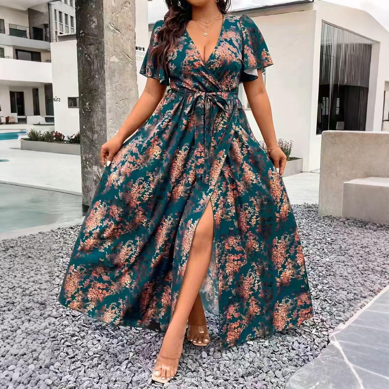 V-Neck Floral Wrap Dress With Flared Sleeves And Side Slit For Women | Luxury Home Accessories | Heulog Glow