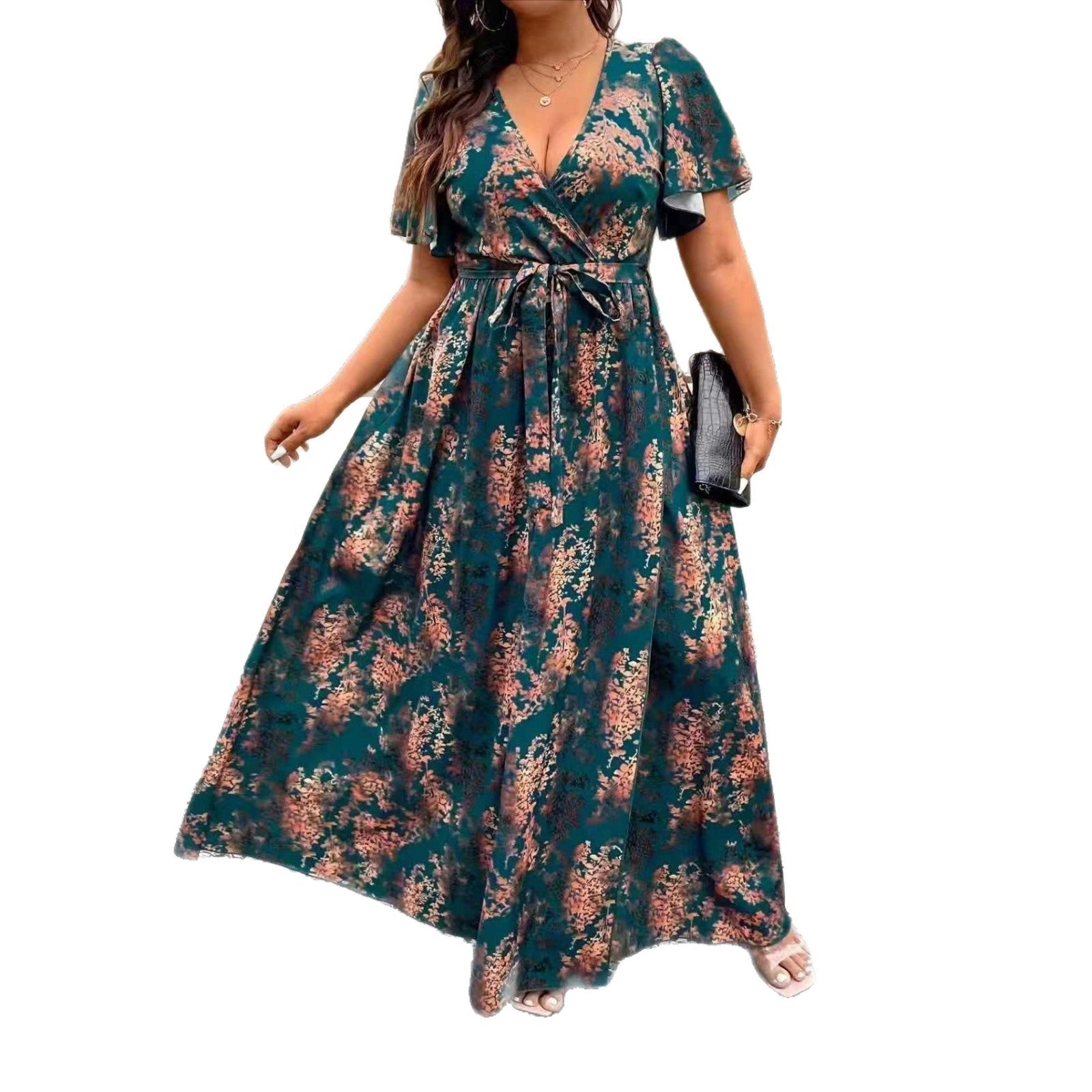 V-Neck Floral Wrap Dress With Flared Sleeves And Side Slit For Women | Luxury Home Accessories | Heulog Glow
