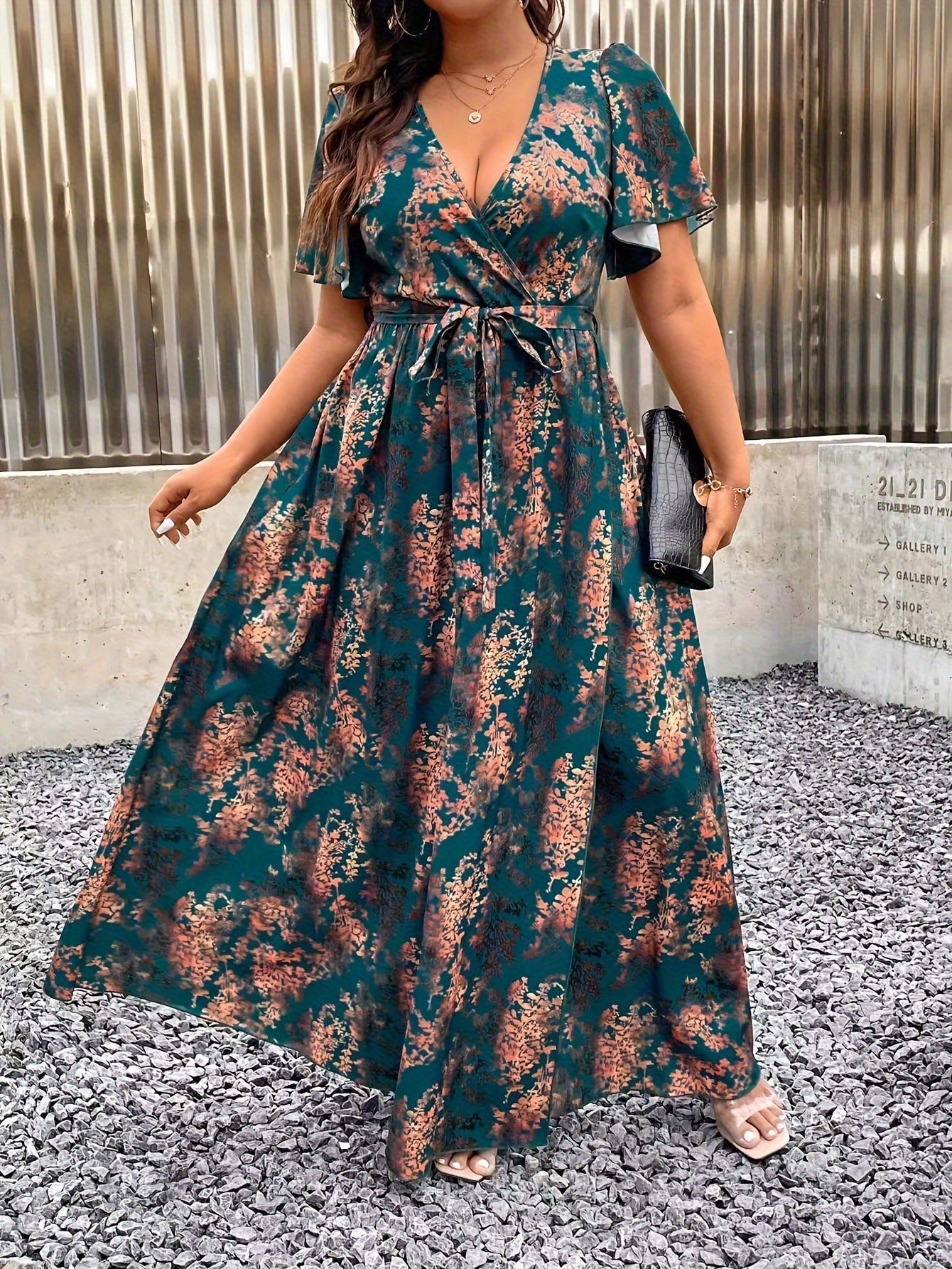 V-Neck Floral Wrap Dress With Flared Sleeves And Side Slit For Women | Luxury Home Accessories | Heulog Glow