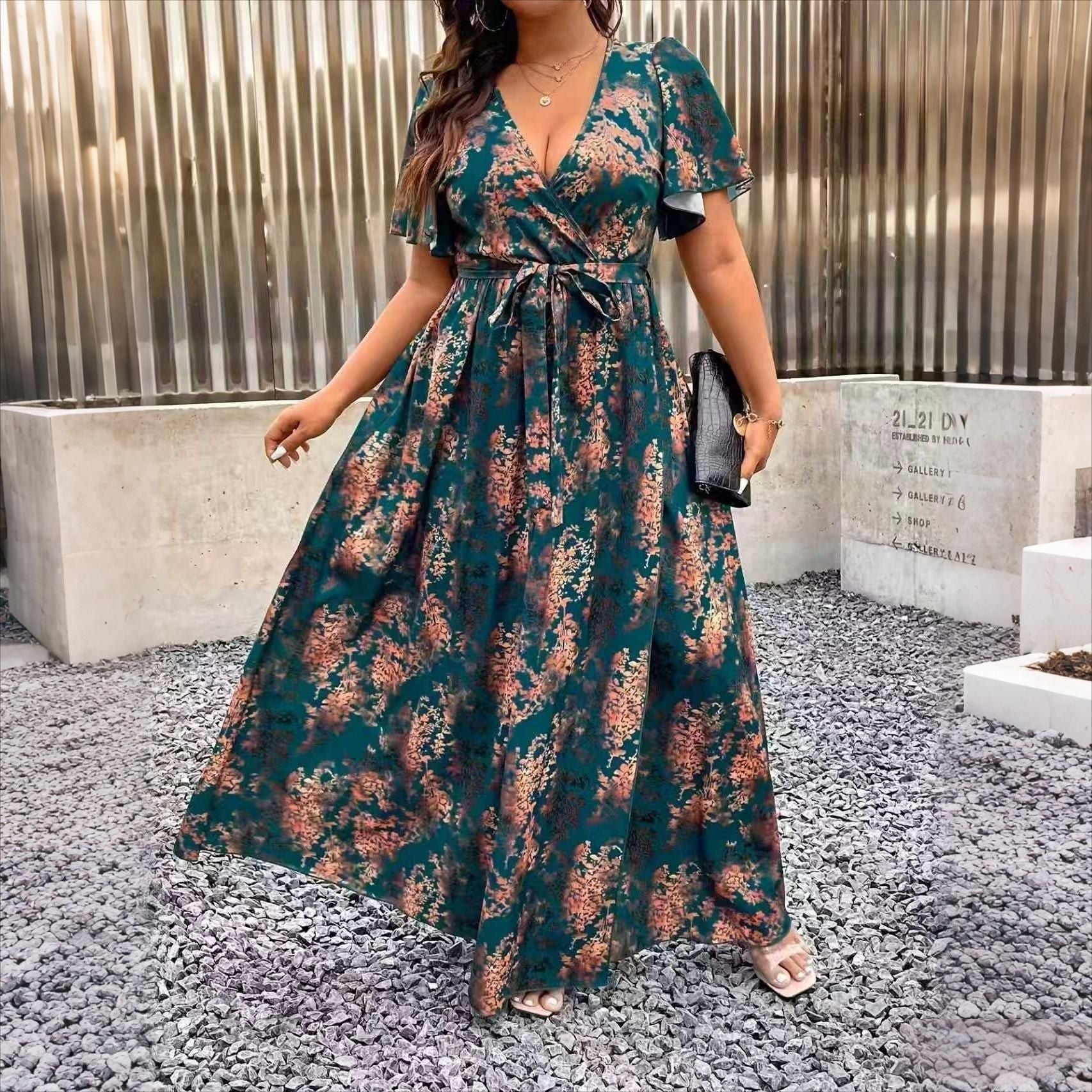 V-Neck Floral Wrap Dress With Flared Sleeves And Side Slit For Women | Luxury Home Accessories | Heulog Glow