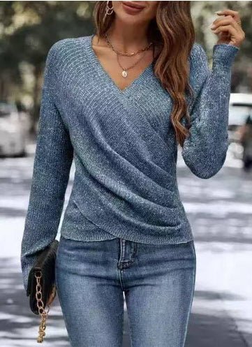 V-neck Long Sleeve Cross Solid Color Knitted Sweater | Luxury Home Accessories | Heulog Glow