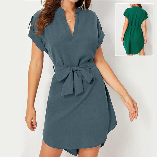 V-neck Short Sleeve Dress With Belt Summer Fashion Bowknot Dresses For Women Clothing | Luxury Home Accessories | Heulog Glow