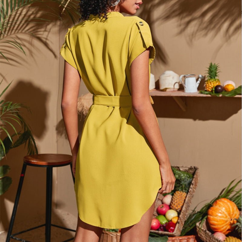 V-neck Short Sleeve Dress With Belt Summer Fashion Bowknot Dresses For Women Clothing | Luxury Home Accessories | Heulog Glow