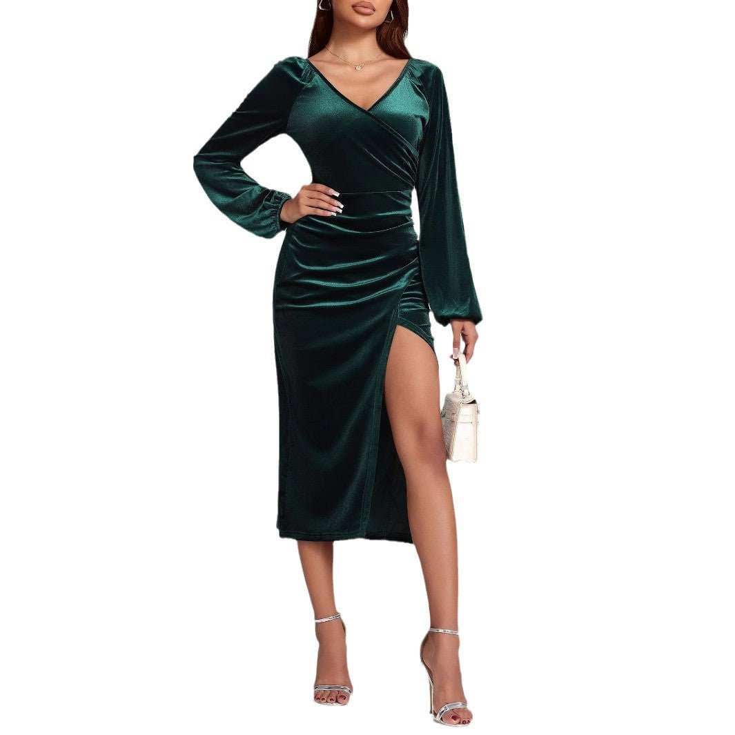 V-neck Velvet Dress Pleated Split Dress | Luxury Home Accessories | Heulog Glow
