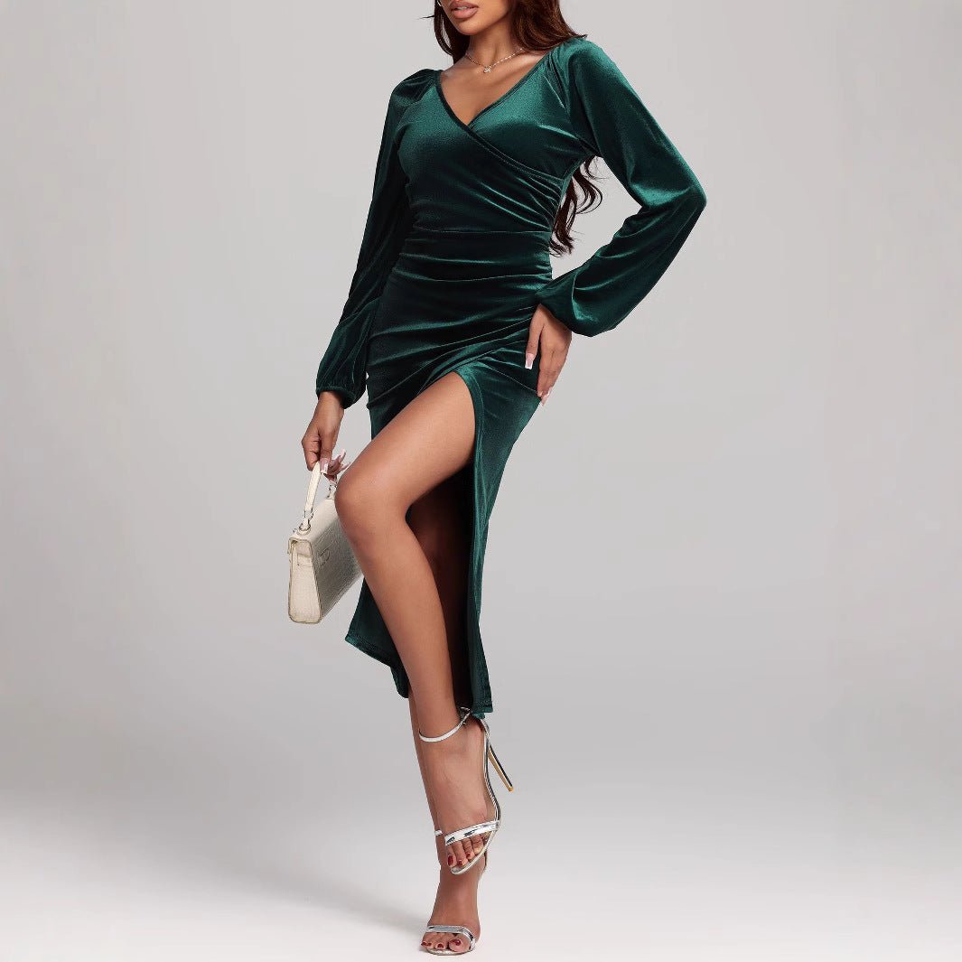V-neck Velvet Dress Pleated Split Dress | Luxury Home Accessories | Heulog Glow