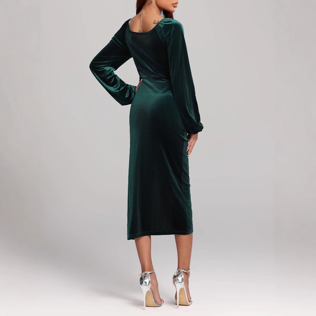 V-neck Velvet Dress Pleated Split Dress | Luxury Home Accessories | Heulog Glow