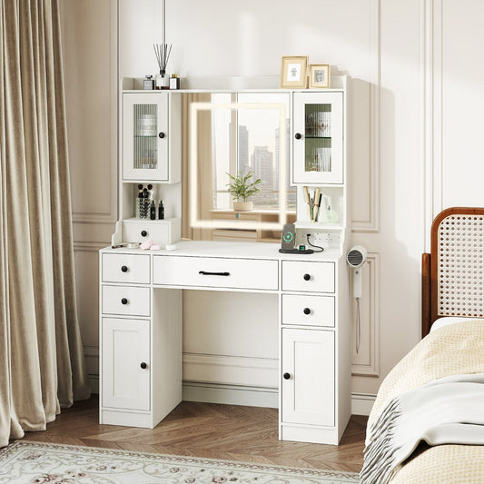 Vanity Desk with Mirror and Lights for Bedroom-White