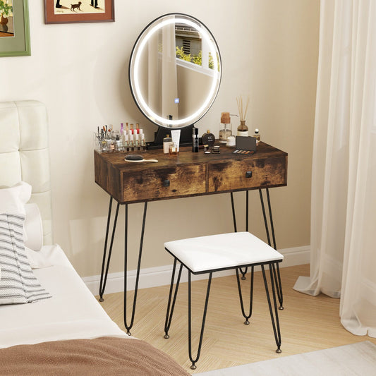 Vanity Set with LED Lighted Mirror and Soft Cushioned Stool  for Bedroom-Rustic Brown