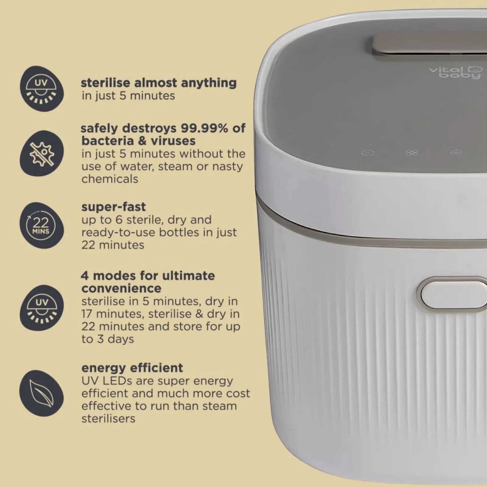 Vital Baby Advanced Pro UV Steriliser & Dryer (3rd Gen) - Arctic White | Luxury Home Accessories | Heulog Glow