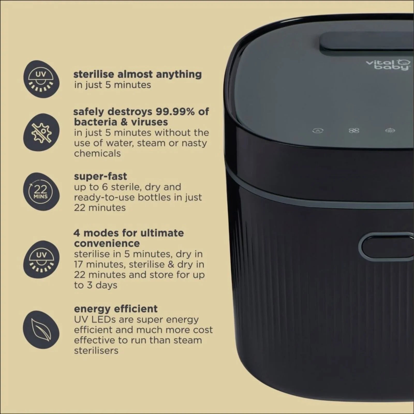 Vital Baby Advanced Pro UV Steriliser & Dryer (3rd Gen) - Onyx Black | Luxury Home Accessories | Heulog Glow