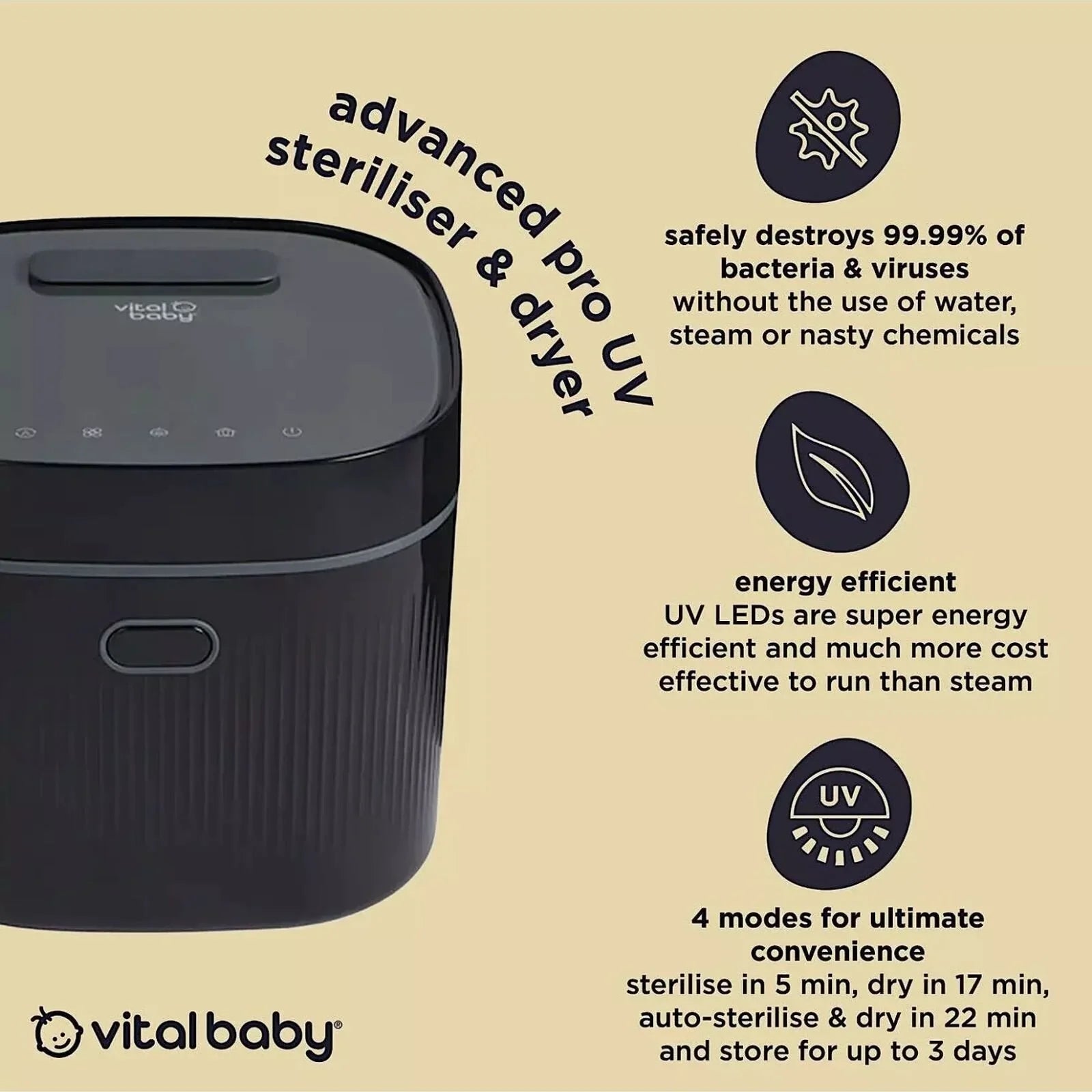 Vital Baby Advanced Pro UV Steriliser & Dryer (3rd Gen) - Onyx Black | Luxury Home Accessories | Heulog Glow