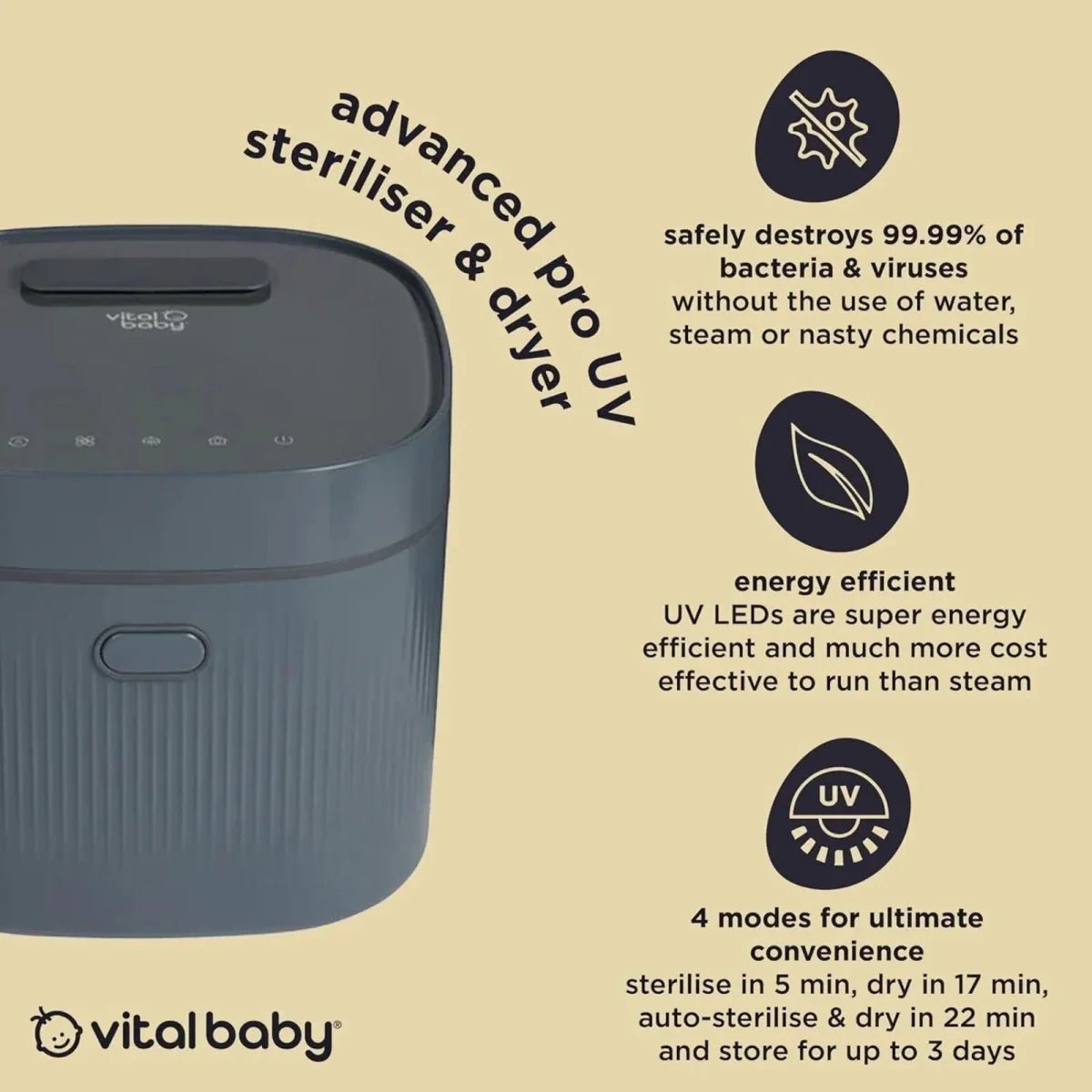Vital Baby Advanced Pro UV Steriliser & Dryer (3rd Gen) - Smoky Blue | Luxury Home Accessories | Heulog Glow