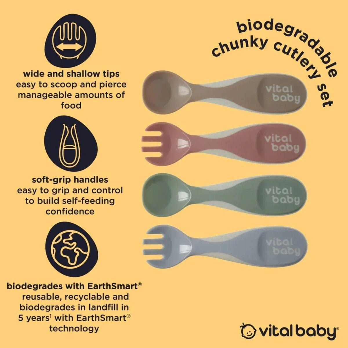 Vital Baby Nourish Chunky Cutlery Natural Pack of 4 | Luxury Home Accessories | Heulog Glow