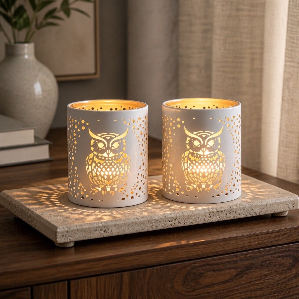 Votive Holder Metal Silhouette – White & Gold Owl (Set of 2) | Luxury Home Accessories | Heulog Glow