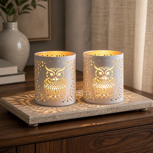 Votive Holder Metal Silhouette – White & Gold Owl (Set of 2) | Luxury Home Accessories | Heulog Glow