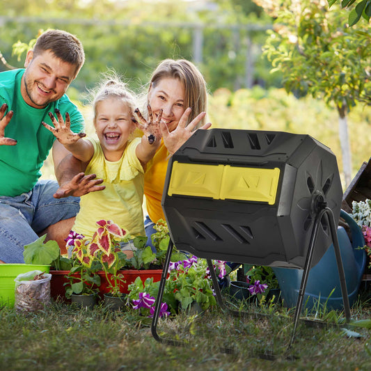 Outsunny 160L 360\'c2\'b0 Rotating Dual Chamber Composter - Yellow
