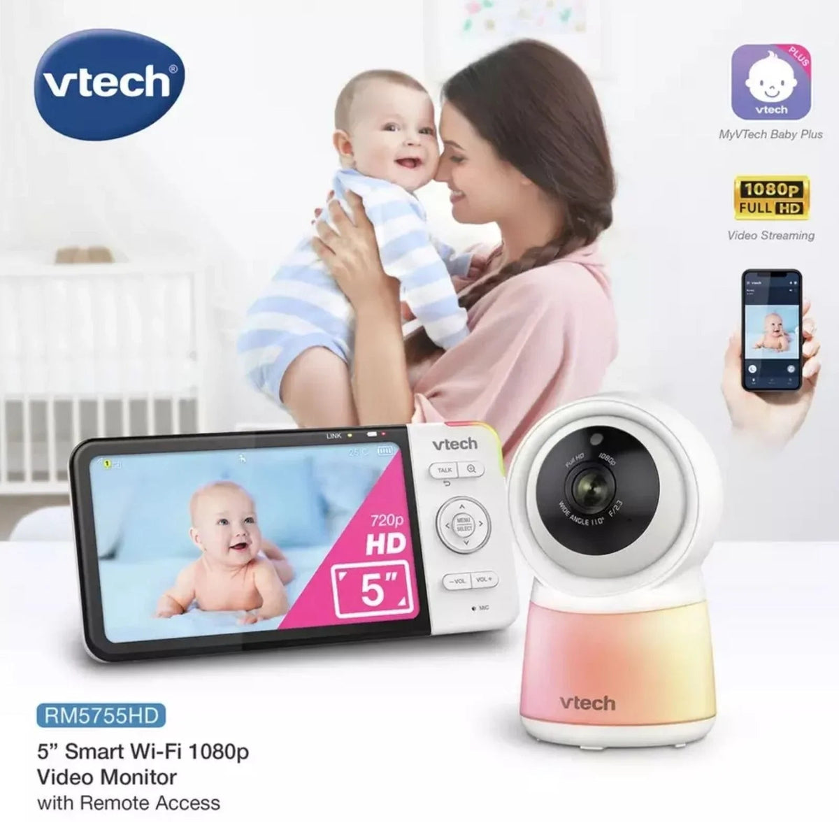 VTech RM5755HD 5" Smart Wi-Fi 1080p Video Baby Monitor | Luxury Home Accessories | Heulog Glow