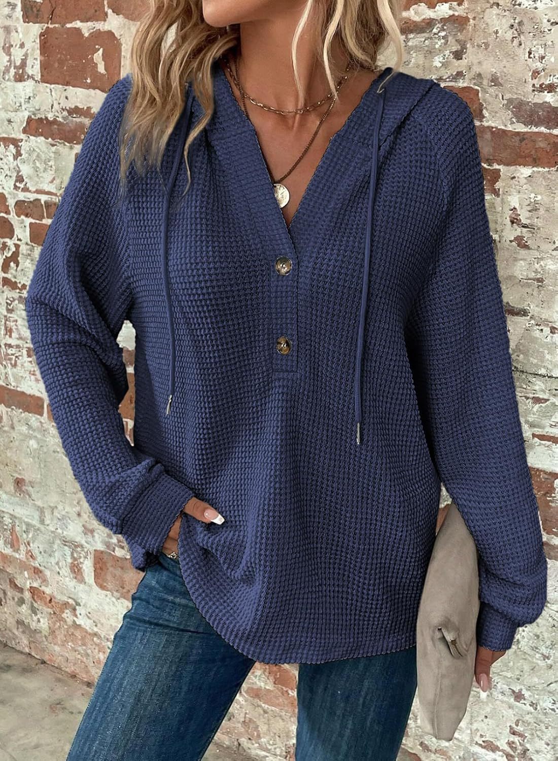 Waffle Hooded Sweater Sweatshirt Fashion Casual Long-sleeved Drawstring V-neck Buttons Top Women's Clothing | Luxury Home Accessories | Heulog Glow