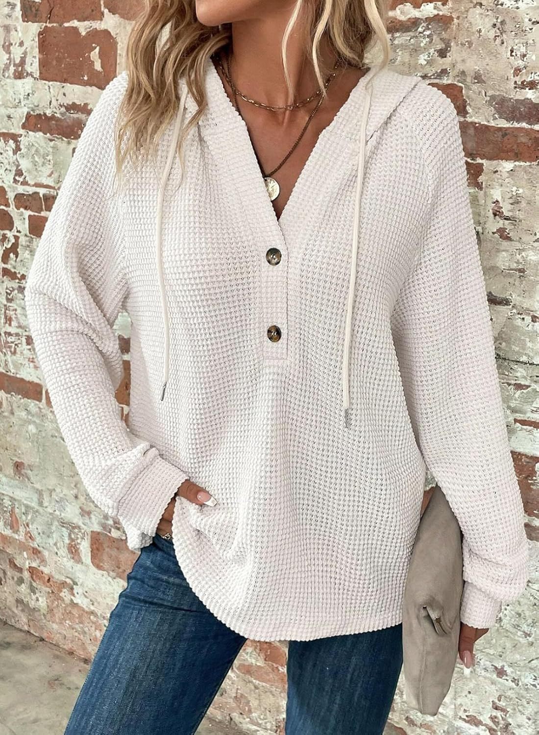 Waffle Hooded Sweater Sweatshirt Fashion Casual Long-sleeved Drawstring V-neck Buttons Top Women's Clothing | Luxury Home Accessories | Heulog Glow