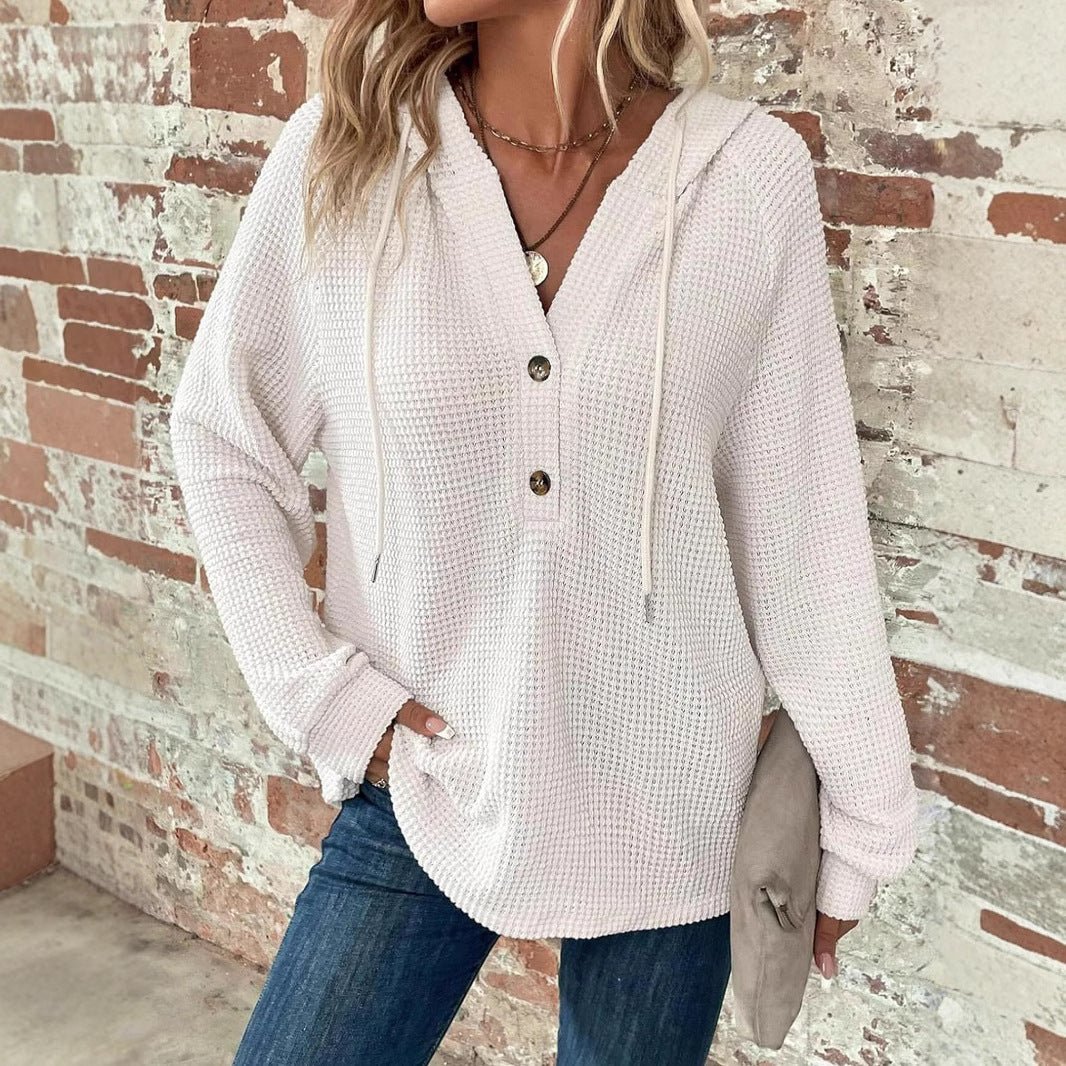 Waffle Hooded Sweater Sweatshirt Fashion Casual Long-sleeved Drawstring V-neck Buttons Top Women's Clothing | Luxury Home Accessories | Heulog Glow