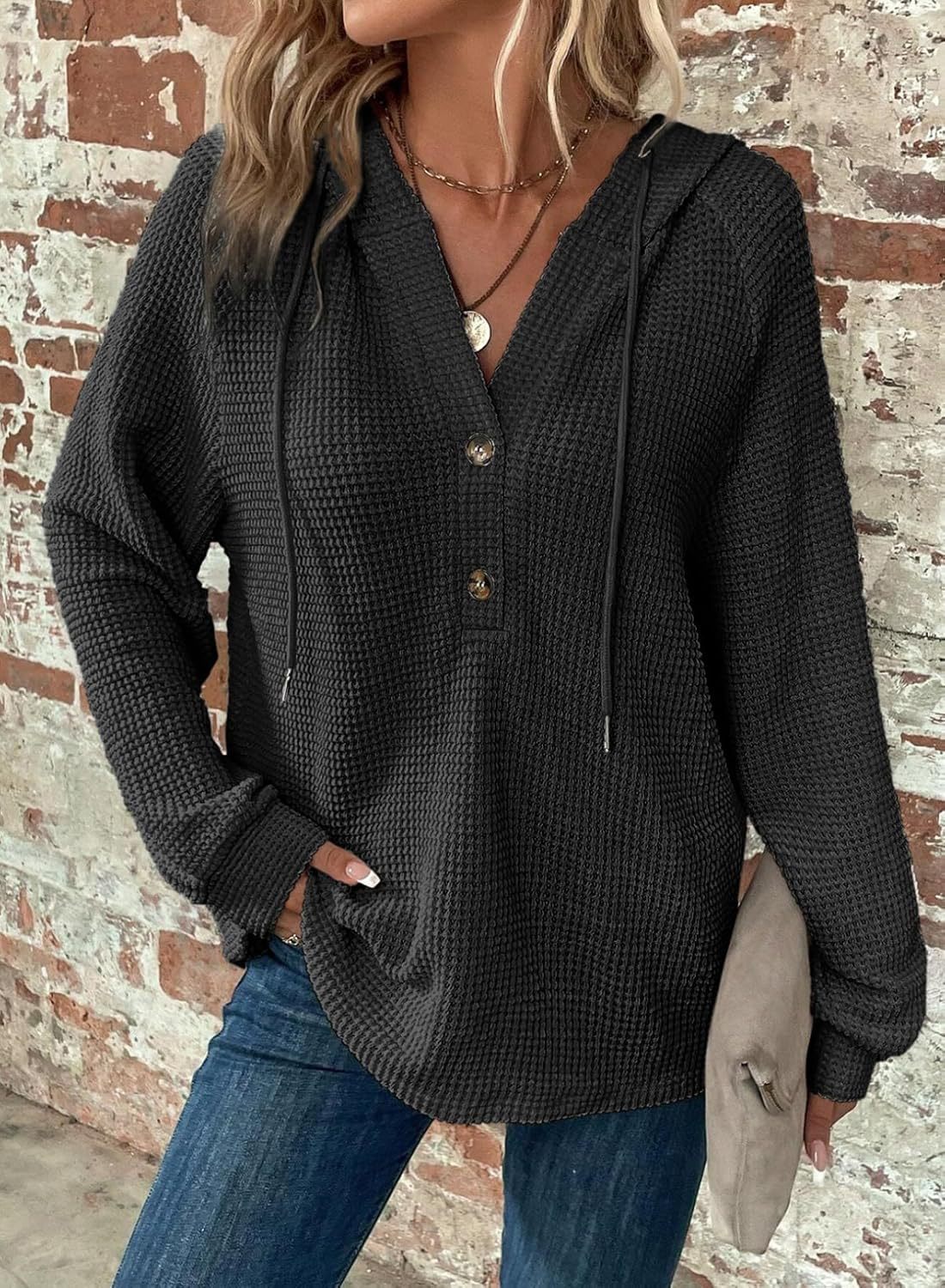 Waffle Hooded Sweater Sweatshirt Fashion Casual Long-sleeved Drawstring V-neck Buttons Top Women's Clothing | Luxury Home Accessories | Heulog Glow