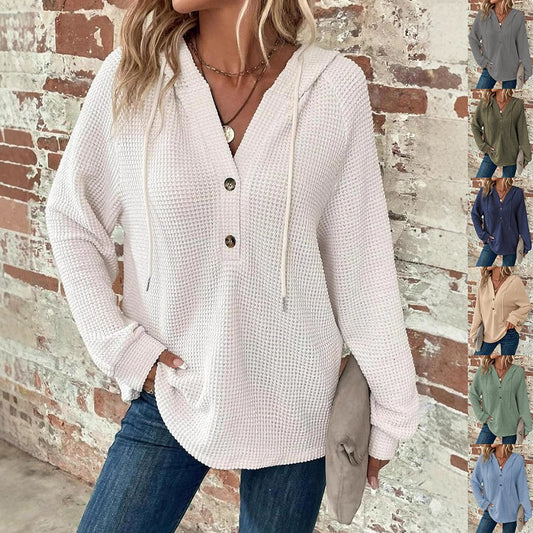 Waffle Hooded Sweater Sweatshirt Fashion Casual Long-sleeved Drawstring V-neck Buttons Top Women's Clothing | Luxury Home Accessories | Heulog Glow