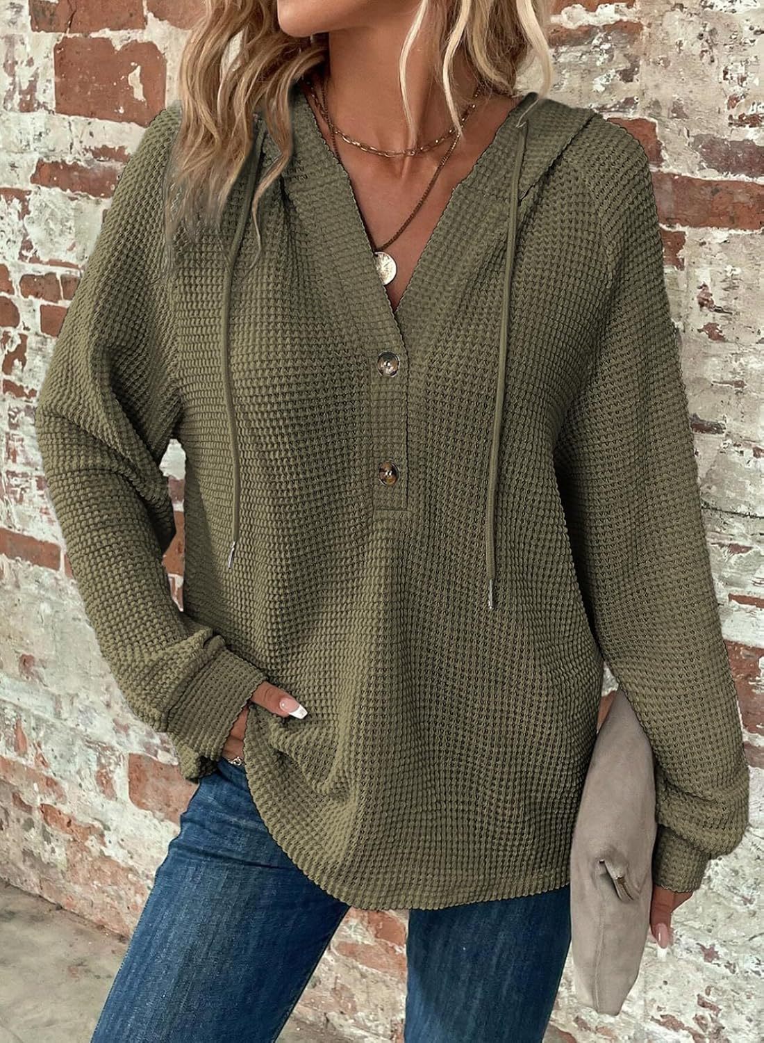 Waffle Hooded Sweater Sweatshirt Fashion Casual Long-sleeved Drawstring V-neck Buttons Top Women's Clothing | Luxury Home Accessories | Heulog Glow