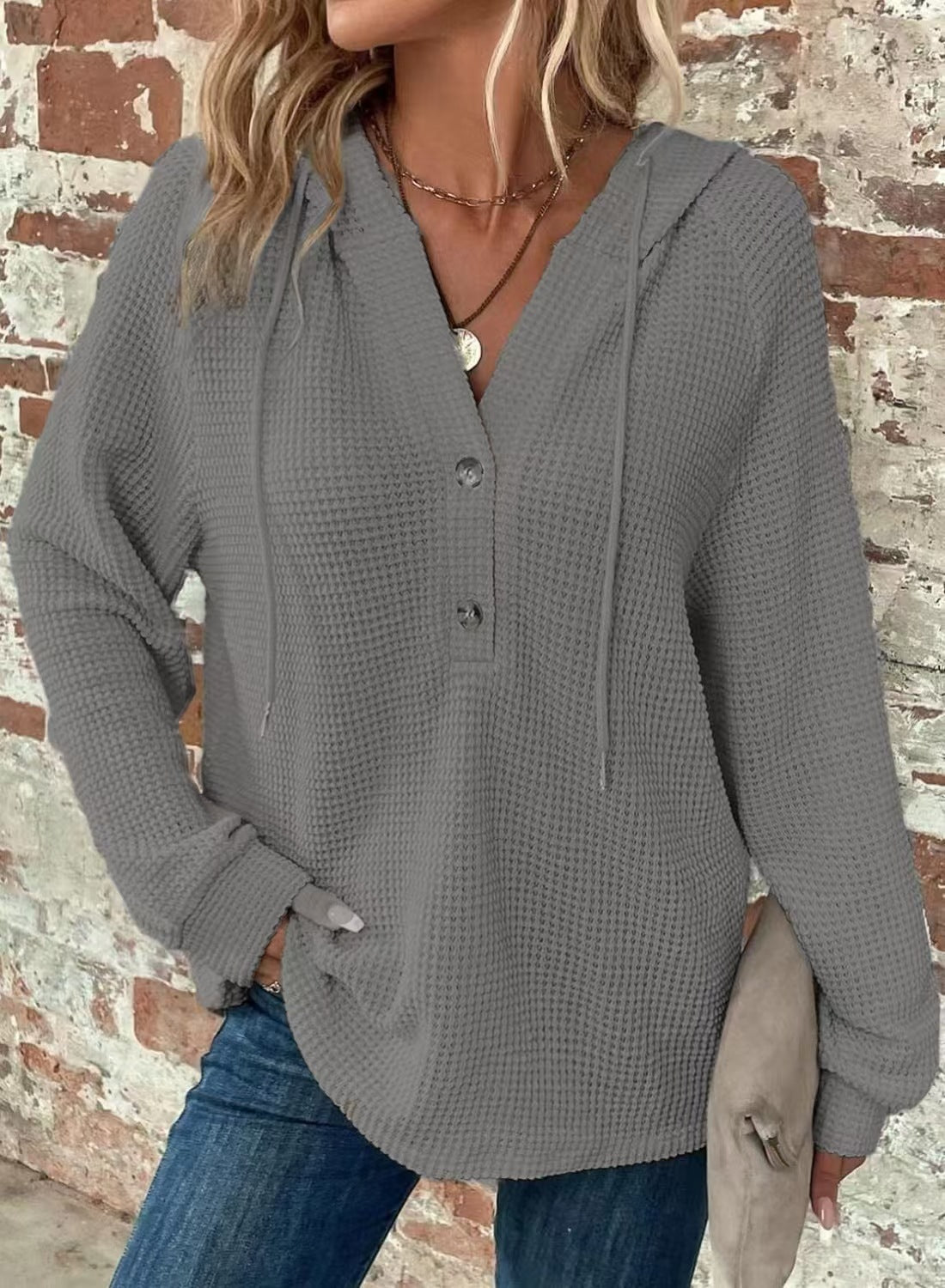Waffle Hooded Sweater Sweatshirt Fashion Casual Long-sleeved Drawstring V-neck Buttons Top Women's Clothing | Luxury Home Accessories | Heulog Glow
