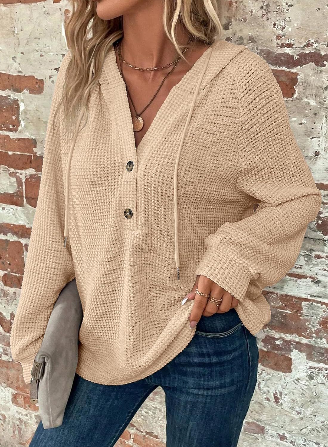 Waffle Hooded Sweater Sweatshirt Fashion Casual Long-sleeved Drawstring V-neck Buttons Top Women's Clothing | Luxury Home Accessories | Heulog Glow