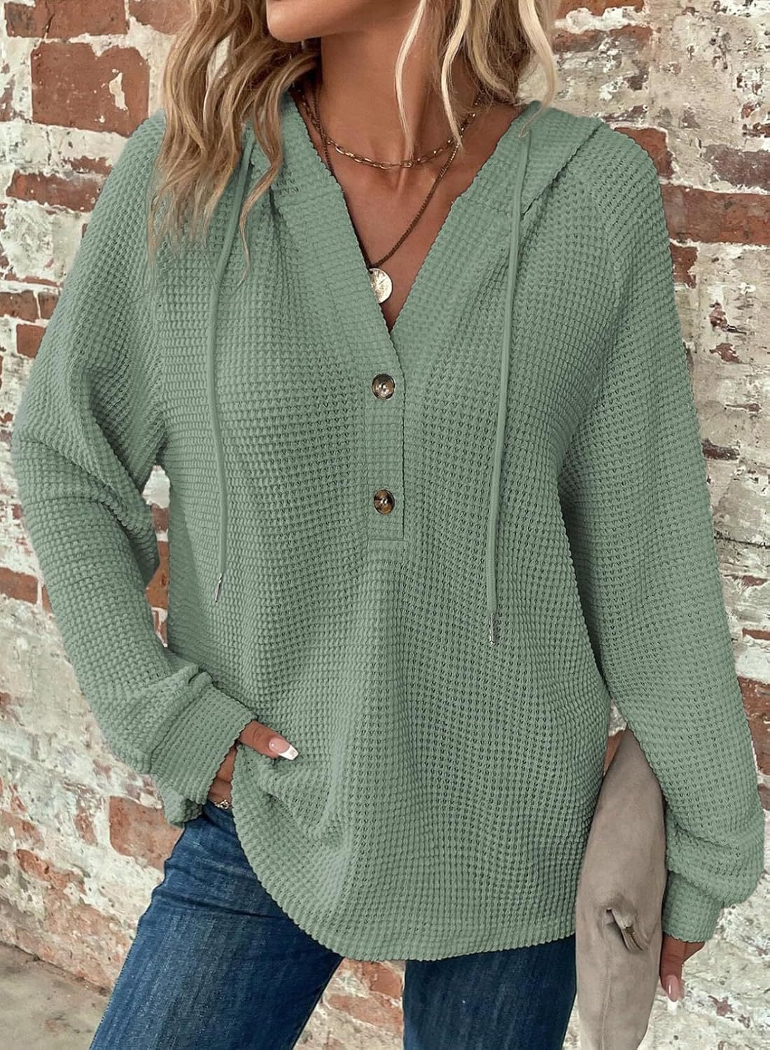 Waffle Hooded Sweater Sweatshirt Fashion Casual Long-sleeved Drawstring V-neck Buttons Top Women's Clothing | Luxury Home Accessories | Heulog Glow