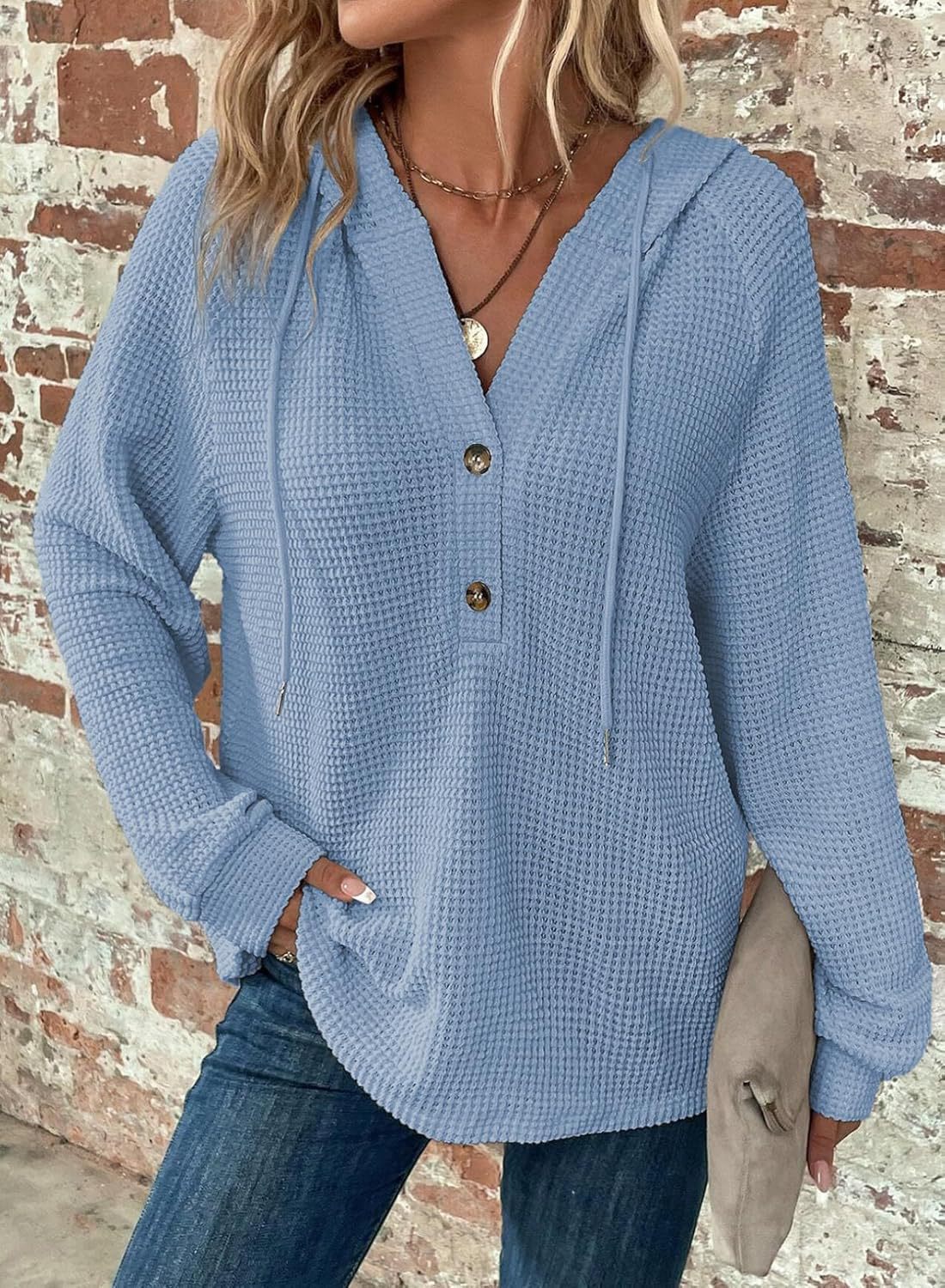 Waffle Hooded Sweater Sweatshirt Fashion Casual Long-sleeved Drawstring V-neck Buttons Top Women's Clothing | Luxury Home Accessories | Heulog Glow