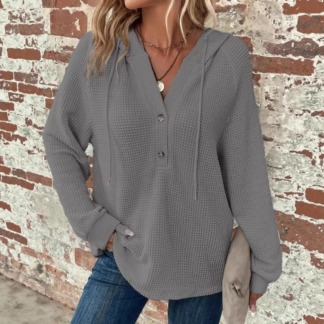 Waffle Hooded Sweater Sweatshirt Fashion Casual Long-sleeved Drawstring V-neck Buttons Top Women's Clothing | Luxury Home Accessories | Heulog Glow