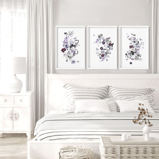 Set of 3 Wall Art for Bedroom – Shabby Chic Botanical Prints