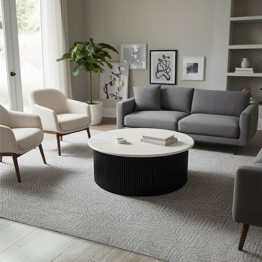Walton Travertine Top Coffee Table with Black Acacia Wood Base | Luxury Home Accessories | Heulog Glow