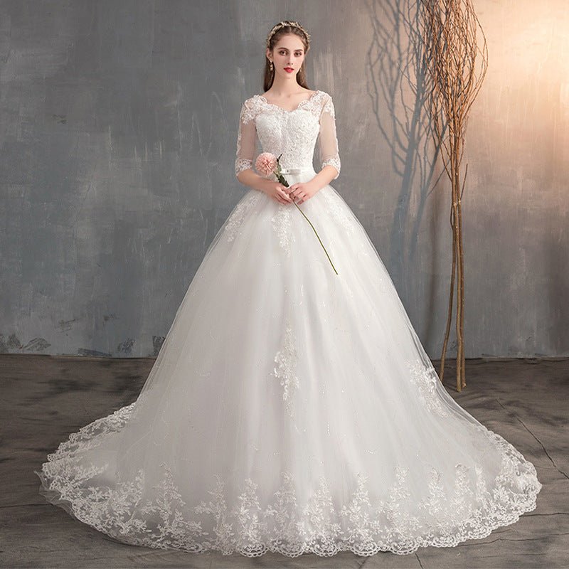 Wedding Dress Trailing Deep V Neck Lace High Waist Wedding Dress Long Sleeves | Luxury Home Accessories | Heulog Glow