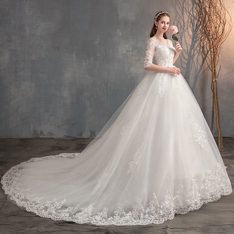 Wedding Dress Trailing Deep V Neck Lace High Waist Wedding Dress Long Sleeves | Luxury Home Accessories | Heulog Glow