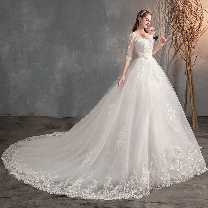 Wedding Dress Trailing Deep V Neck Lace High Waist Wedding Dress Long Sleeves | Luxury Home Accessories | Heulog Glow