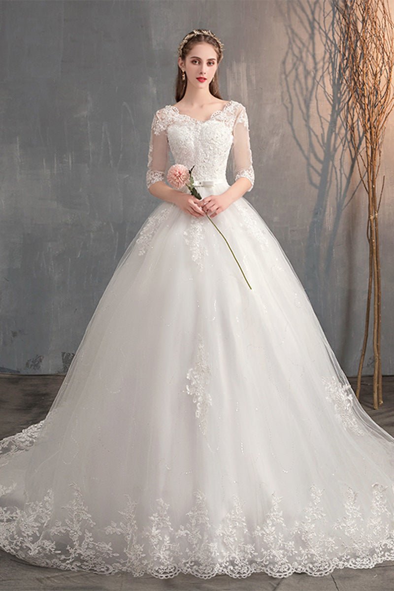 Wedding Dress Trailing Deep V Neck Lace High Waist Wedding Dress Long Sleeves | Luxury Home Accessories | Heulog Glow