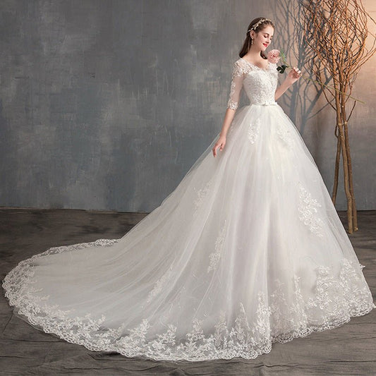 Wedding Dress Trailing Deep V Neck Lace High Waist Wedding Dress Long Sleeves | Luxury Home Accessories | Heulog Glow