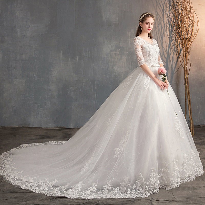 Wedding Dress Trailing Deep V Neck Lace High Waist Wedding Dress Long Sleeves | Luxury Home Accessories | Heulog Glow