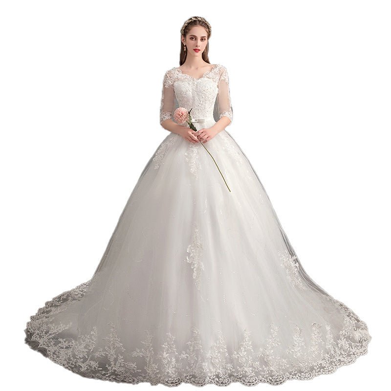 Wedding Dress Trailing Deep V Neck Lace High Waist Wedding Dress Long Sleeves | Luxury Home Accessories | Heulog Glow