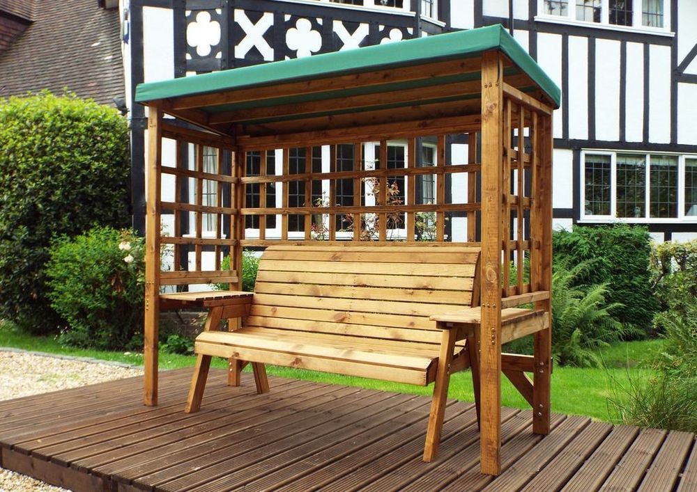 Wentworth 3-Seater Arbour with Waterproof Cover & Side Tables - Handmade in UK - FSC Wood - Rustproof Bolting - White Glove Delivery - 10 Year Guarantee | Luxury Home Accessories | Heulog Glow
