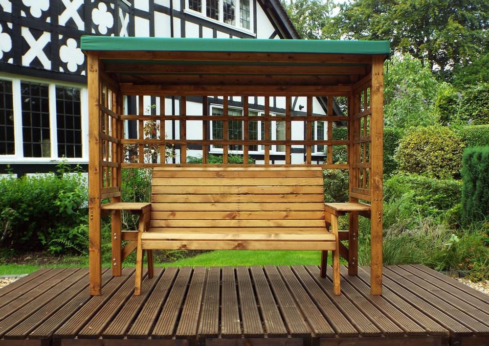 Wentworth 3-Seater Arbour with Waterproof Cover & Side Tables - Handmade in UK - FSC Wood - Rustproof Bolting - White Glove Delivery - 10 Year Guarantee | Luxury Home Accessories | Heulog Glow