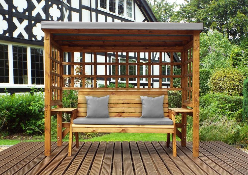 Wentworth 3-Seater Arbour with Waterproof Cover & Side Tables - Handmade in UK - FSC Wood - Rustproof Bolting - White Glove Delivery - 10 Year Guarantee | Luxury Home Accessories | Heulog Glow