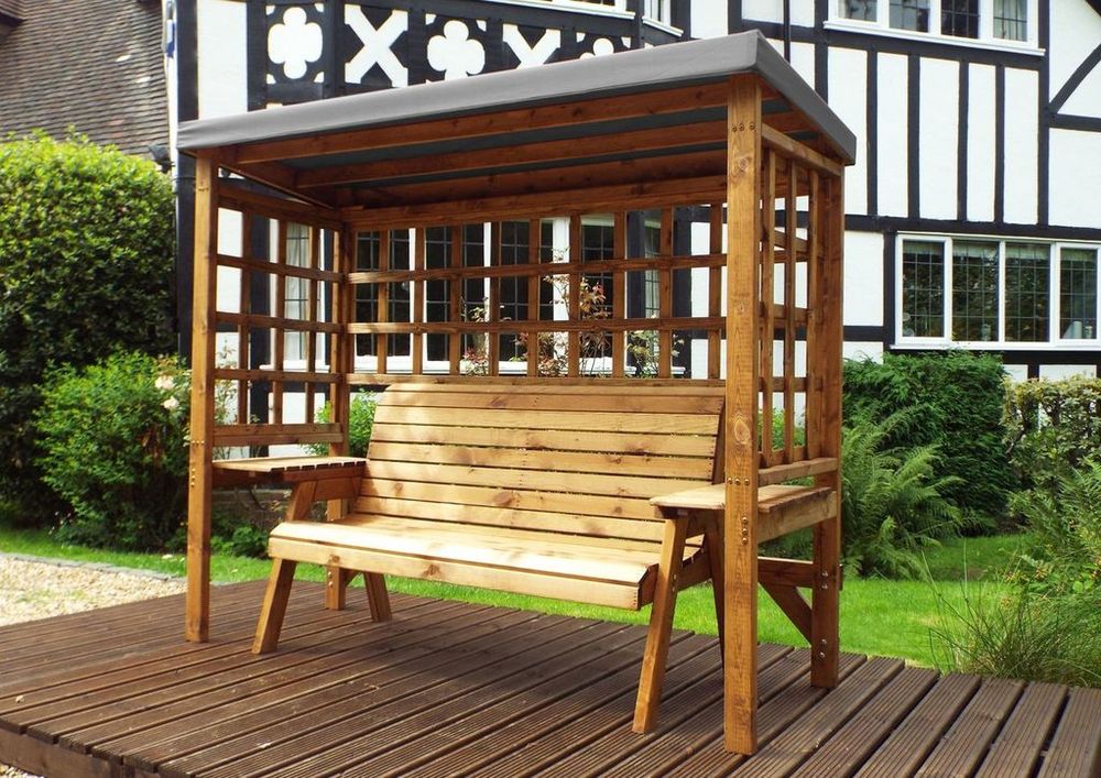 Wentworth 3-Seater Arbour with Waterproof Cover & Side Tables - Handmade in UK - FSC Wood - Rustproof Bolting - White Glove Delivery - 10 Year Guarantee | Luxury Home Accessories | Heulog Glow