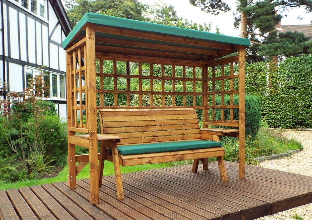 Wentworth 3-Seater Arbour with Waterproof Cover & Side Tables - Handmade in UK - FSC Wood - Rustproof Bolting - White Glove Delivery - 10 Year Guarantee | Luxury Home Accessories | Heulog Glow