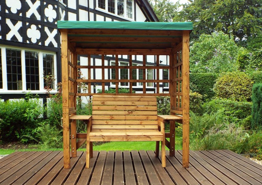 Wentworth Two Seat Arbour Green - Handcrafted, Waterproof Roof, Side Tables, Made in Britain, FSC Wood | Luxury Home Accessories | Heulog Glow