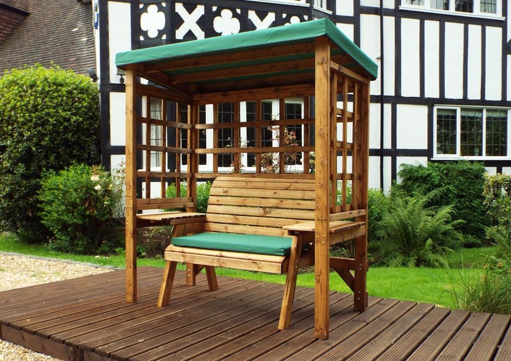 Wentworth Two Seat Arbour Green - Handcrafted, Waterproof Roof, Side Tables, Made in Britain, FSC Wood | Luxury Home Accessories | Heulog Glow
