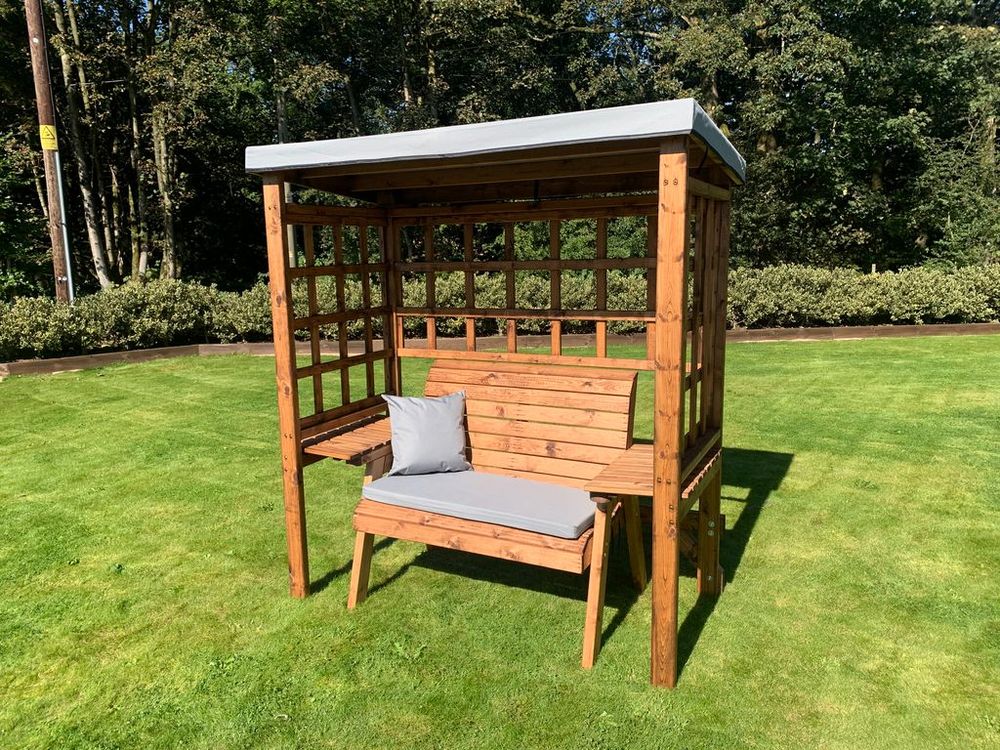 Wentworth Two Seat Arbour Green - Handcrafted, Waterproof Roof, Side Tables, Made in Britain, FSC Wood | Luxury Home Accessories | Heulog Glow
