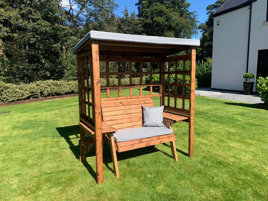 Wentworth Two Seat Arbour Green - Handcrafted, Waterproof Roof, Side Tables, Made in Britain, FSC Wood | Luxury Home Accessories | Heulog Glow